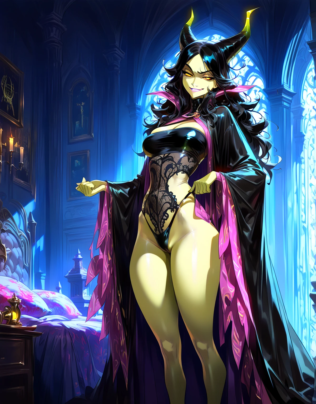(black hair, green eyes:1.1) thicc succubus, (thigh-high fishnets:1.1), seductive expression, (beautiful detailed eyes, beautiful detailed lips), (demon horns), (voluptuous body), (dark atmosphere), (sensual pose), (soft lighting), (provocative outfit), (dark fantasy), (lush background), (high-res, 4k), (vivid colors), (dramatic lighting), (elegant curves), (sinister charm), (erotic undertones), (alluring beauty), (temptation), (exquisite details), (mythical creature), (seductive aura), (captivating gaze), (lush hair), (mysterious allure), (supernatural vibe), (sensual presence), (charismatic feminity), (enchanting silhouette), (enticing energy), (provocative ambiance), (fantasy charm), (mystical seductress), (intense charisma), (spellbinding allure), (mesmerizing figure), (bewitching elegance), (magnetic grace) wearing fur lined dress