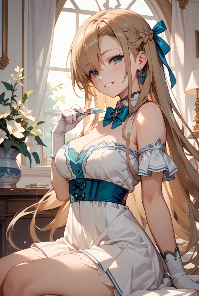 teens girl，seductiv，having fun，Being in love，(Girl wearing white modern shirt and tunic with pantyhose:1.2)，(White ruffled bow gloves)，whaite hair，Sacred headdress，Transparent lace，exquisite costumes，solo person，European style bedroom，(natta:1.1)，Delicate and beautiful face，