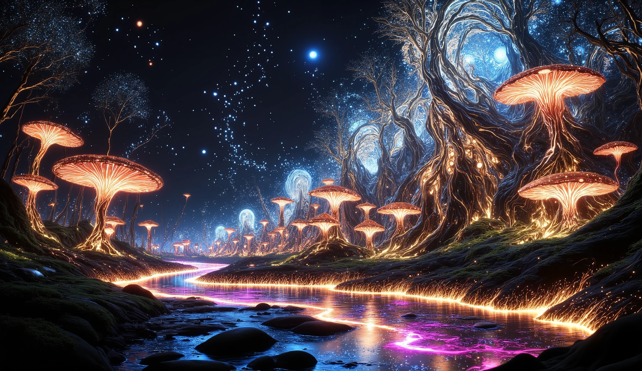 A futuristic elven civilization living in harmony with nature on an alien planet — elegant, ethereal elves with advanced technology integrated into organic structures. Their architecture blends seamlessly into the environment, with sleek bioluminescent towers grown from living trees. Giant glowing mushrooms illuminate the forest floor, casting neon reflections on flowing crystal-clear streams. Elves wear intricately designed garments with embedded light-tech, glowing softly with ruby red and cinnabar accents. The landscape is rich with deep coffee-colored soil, lush foliage, and surreal, oversized flora. The sky glows with neon lights under a canopy of stars, while hovering vehicles shaped like petals drift quietly overhead. Color palette: Ruby Red, Rich Black, Big Foot Feet, Cinnabar, Deep Coffee, vibrant neon hues. Mood: mystical, futuristic, serene.