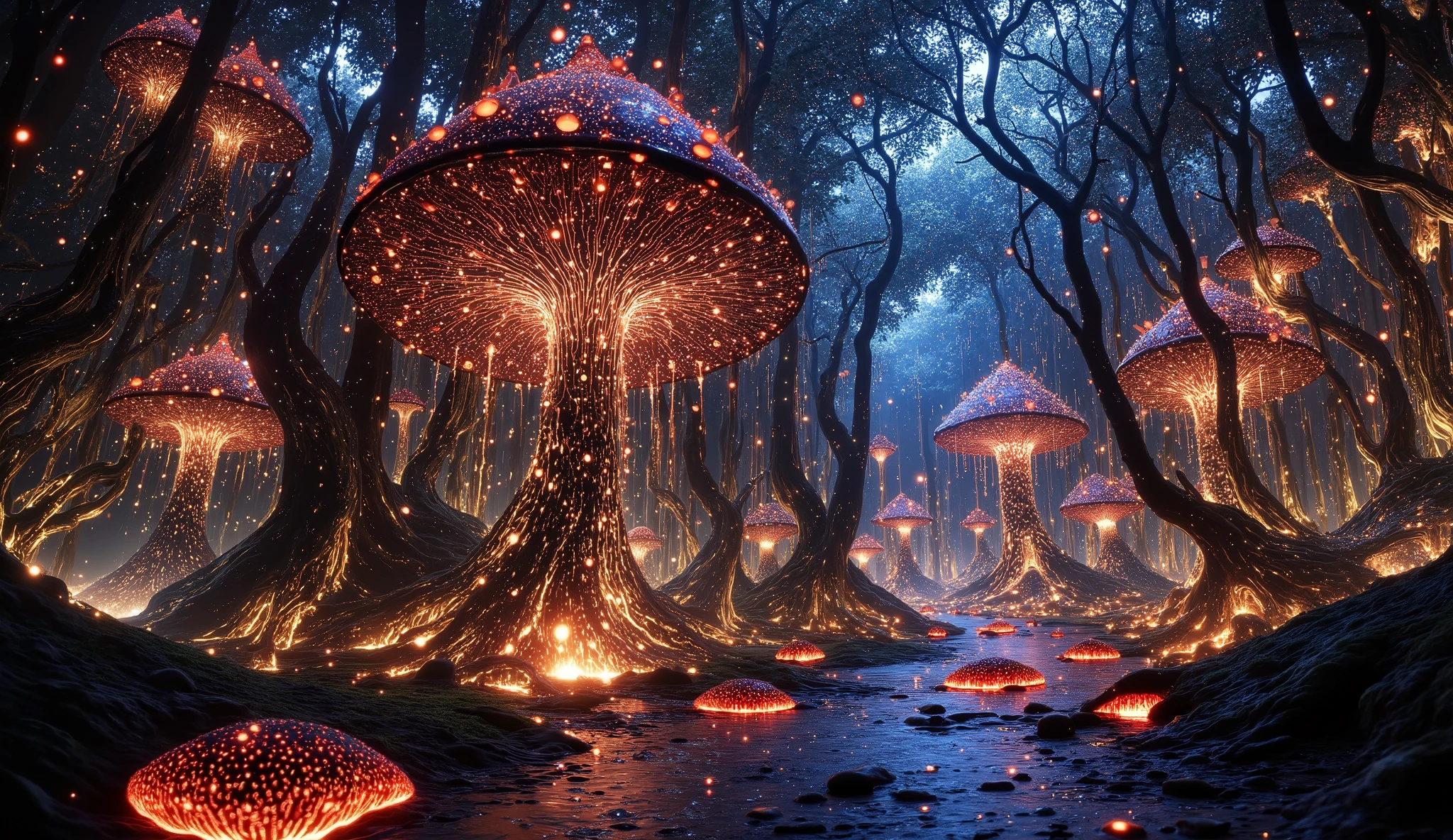 A futuristic elven civilization living in harmony with nature on an alien planet — elegant, ethereal elves with advanced technology integrated into organic structures. Their architecture blends seamlessly into the environment, with sleek bioluminescent towers grown from living trees. Giant glowing mushrooms illuminate the forest floor, casting neon reflections on flowing crystal-clear streams. Elves wear intricately designed garments with embedded light-tech, glowing softly with ruby red and cinnabar accents. The landscape is rich with deep coffee-colored soil, lush foliage, and surreal, oversized flora. The sky glows with neon lights under a canopy of stars, while hovering vehicles shaped like petals drift quietly overhead. Color palette: Ruby Red, Rich Black, Big Foot Feet, Cinnabar, Deep Coffee, vibrant neon hues. Mood: mystical, futuristic, serene.