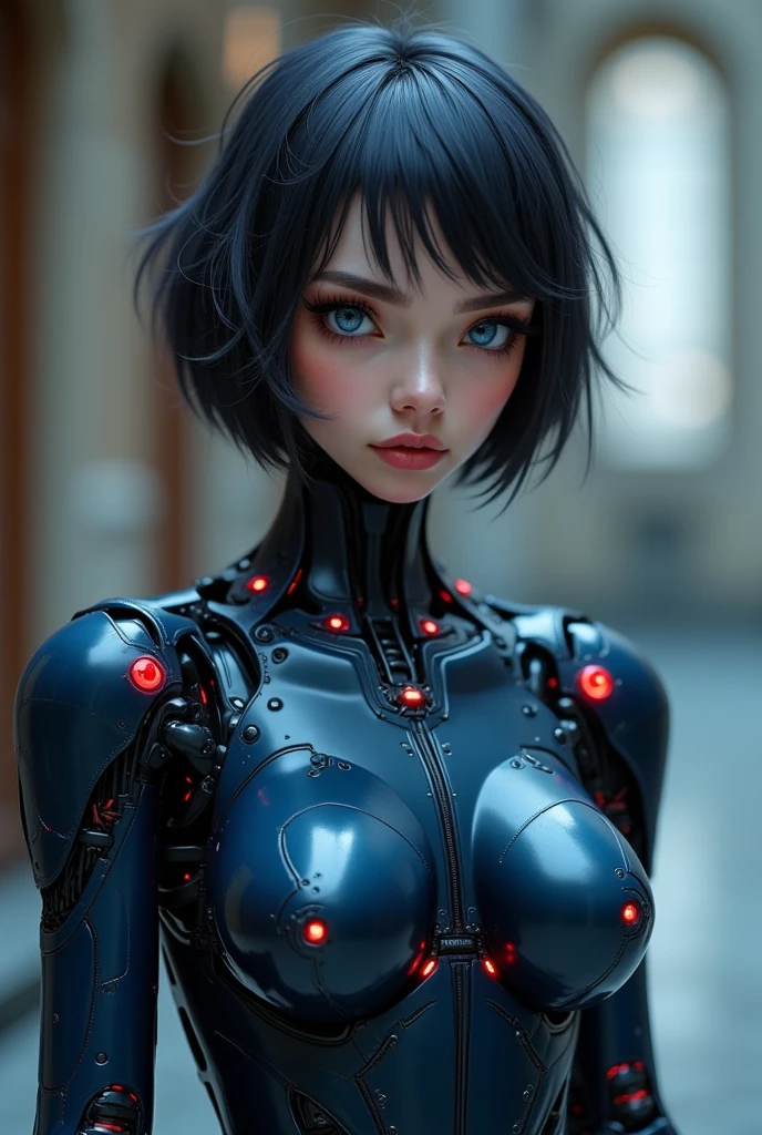 Short black hair, beautiful, woman, two robot arms, black outfit, cyberpunk theme, white tone skin,