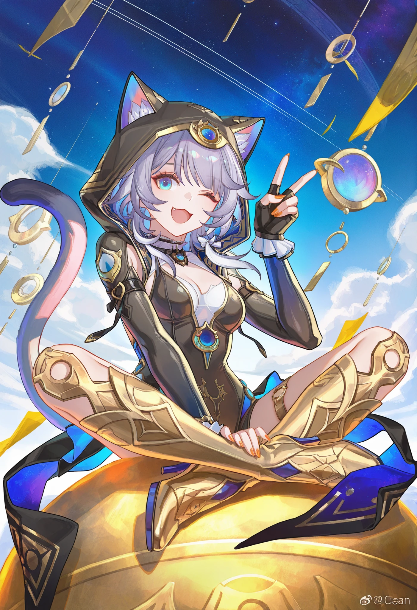 8k,best quality,masterpiece,(ultra-detailed),(high detailed skin),((artist:reoen),(artist:fuzichoco),(artist:atdan),(artist:torino_aqua),year 2024:0.8),[artist:wlop],[artist:ningen_mame],artist:ciloranko,[[artist:rhasta]],artist:tidsean,colorful,

Sophie \(honkai_star_rail\),grey hair,cat hood,cat tail,blue eyes,cat ears,
gloves,cleavage,blue eyes,fingerless gloves,gold boots,orange nails,thigh_boots,high heels,boots,black gloves,
white background,closed mouth,indian style,full body,starry_sky,from_below,cloud,looking up,wink,v,fang,smile,open mouth