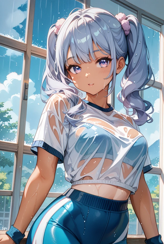 realistic, 1girl, ponytail, parted lips, blush, makeup, light smile, white hair, sportswear, skirt, wet clothes, glow, thighs, purple eye, bare shoulders, collarbone, narrow waist, sunbeam, sunlight, rose, wind,cleavage, (masterpiece), sweat,Hot,High detailed eyes