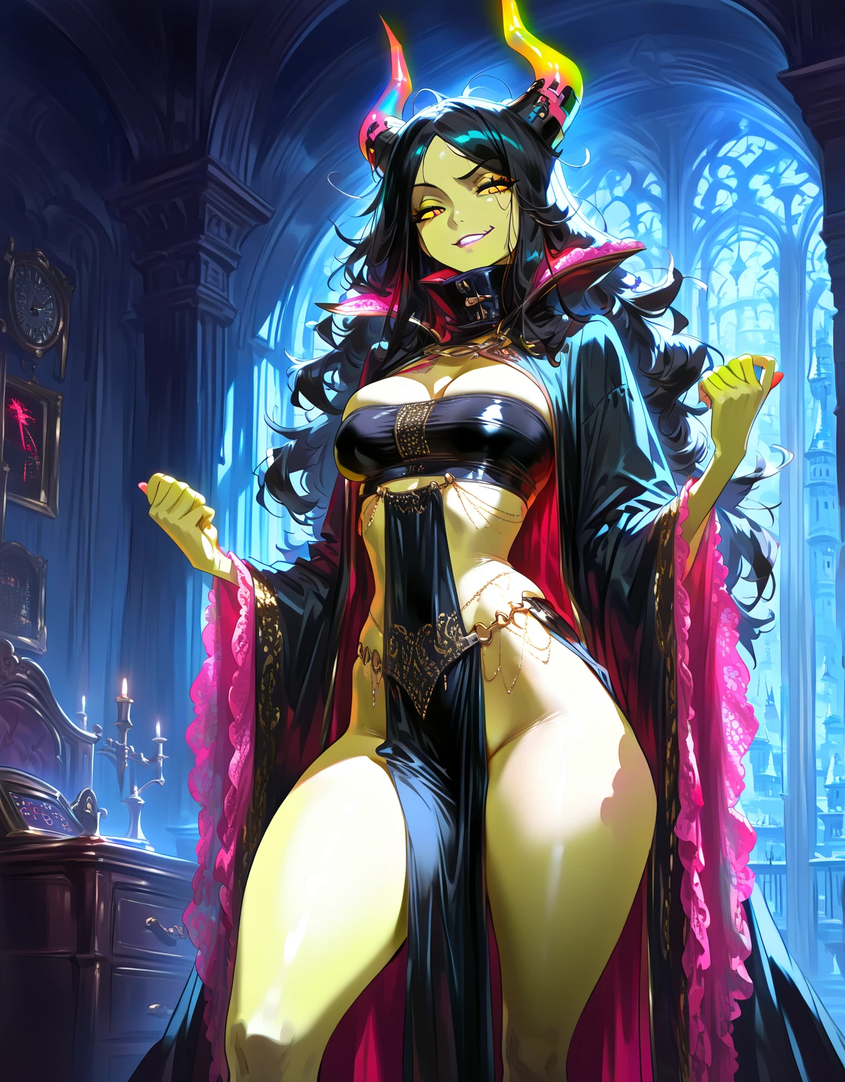 woman, green skin, ghoulish smile, frightening, macabre, big teeth, thin teeth, green dirt, yellow eyes, black dirt eye, dirt face, contortionist, full body, very thin, no tits, no ass , very thin, yellow hair, messy, brown dress, long dress, long sleeves, torn, rags, big nails, black claws, dark forest, dark, no light, evil, villain