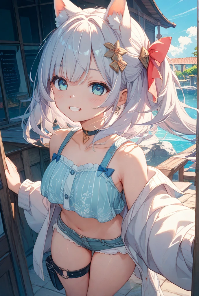(masterpiece, best quality, high resolution, highly detailed, detailed background: 1.2), (beautiful, detailed face, detailed eyes), arona, 1girl, Blusing, white hair tie, bow hair tie, halo, mechanical halo, short hair , single braid, blue eyes , two color hair, colorful hair, blue hair, pink hair, Very big breasts, Black Bra, broken classroom, school desk, shallow water, clouds, standing, leaning forward, arms behind back, happy , open mouth, smiling, blush, looking at viewer, wet, Black panties, shiny skin, cowgirl shot, belly peek, from below, ,