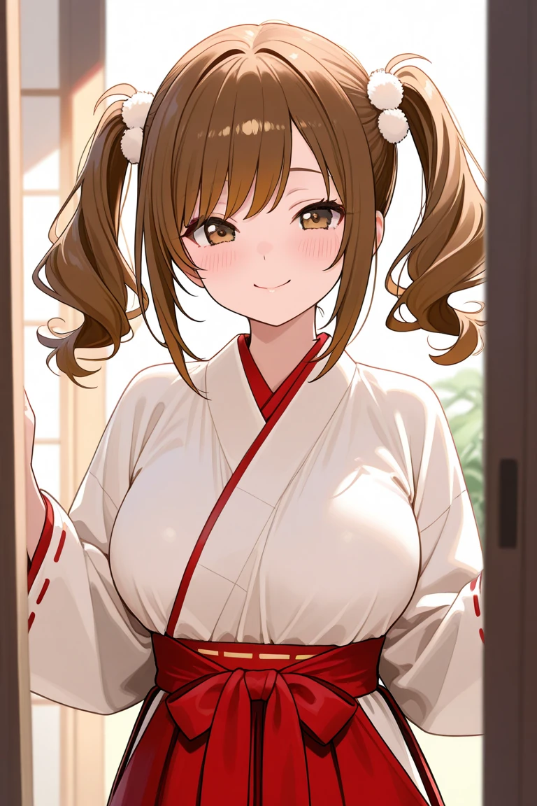(best quality:1.5, highres, UHD, 4K, detailed lighting, shaders, perfect hand anatomy), brown side braid, large breasts, off shoulder kimono, cleavage, shoulders, smiling, close shot, pov, blushing:1.3, night background