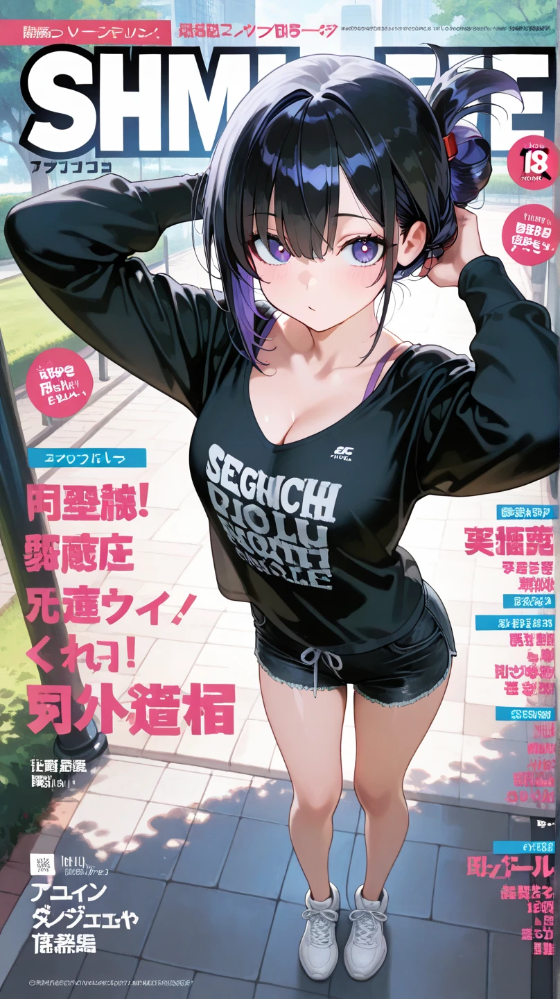 Beautiful girl in anime style, clean small surfaces, cyber punk, bikini armor、 (magazine cover:1.8)、((Lots of stickers: 1.5))、((From before:2))、(play games)、(dynamic pose:1.5), 1 cute girl, highest quality、ウルトラ - High resolution、High resolution、Detailed CG、8k unit wallpaper、17 years old、detailed and beautiful eyes, Pigtails、(((super shiny white and purple latex swimsuit)))、(((sunburn, white oversized track jacket, jewelry, long socks, cleavage ,)))、(shiny body,:1.5)、blush, Sweat,please be shy、(Ahegao:1.5)、(stick out your tongue)、red blush、please be shy、(Ahegao:1.5)、full of embarrassment
