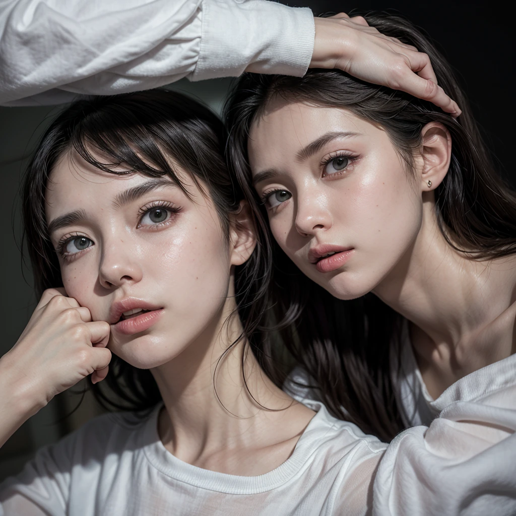 cute 22 year old,1 girl,slim face ,8K,Super realistic image quality,dynamic shadow,sparkling eyes,Clear black eyes,movie theater lighting,dark back alley,night,Darkness of the city((A straight-on portrait facing the viewer)),((face キス close up:1.6)),((Pointed lips)),((long hair)),((very short bangs)),close, 8K, Raw photo, highest quality, masterpiece,realistic, photo-realistic,
