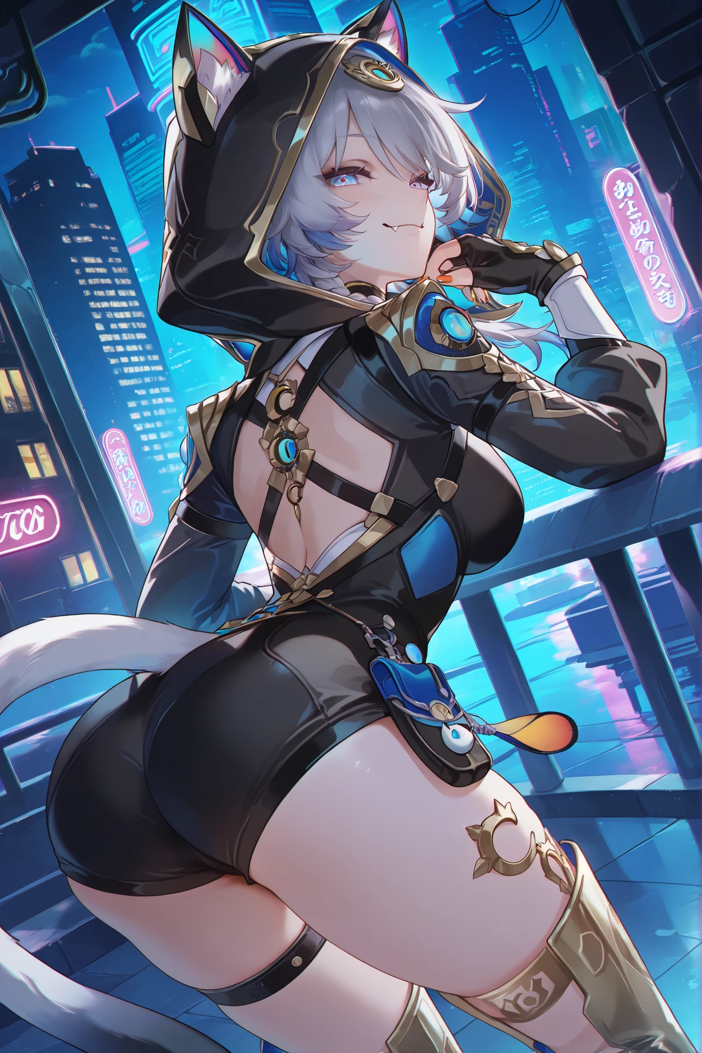 Cipher \(honkai_star_rail\), masterpiece, solo, 1girl, NSFW , chromatic aberration, extremely detailed face, detailed eyes, Greatest Masterpiece, TOP QUALITY, 8k,fingerless gloves , hood , looking at viewer , single thigh strap , medium breasts , hood up , cat girl , braid , thigh boots , long sleeves , fingerless gloves , black gloves , gold boots , orange nails , cat ears , fang , smirk , naughty_face , running , from_back , from behind , looking_back , night , dark , game cg , roof , neon lights , patio , skyscraper , dutch angle , cinematic_angle , dynamic_angle , cowboy_shot , leaning forward