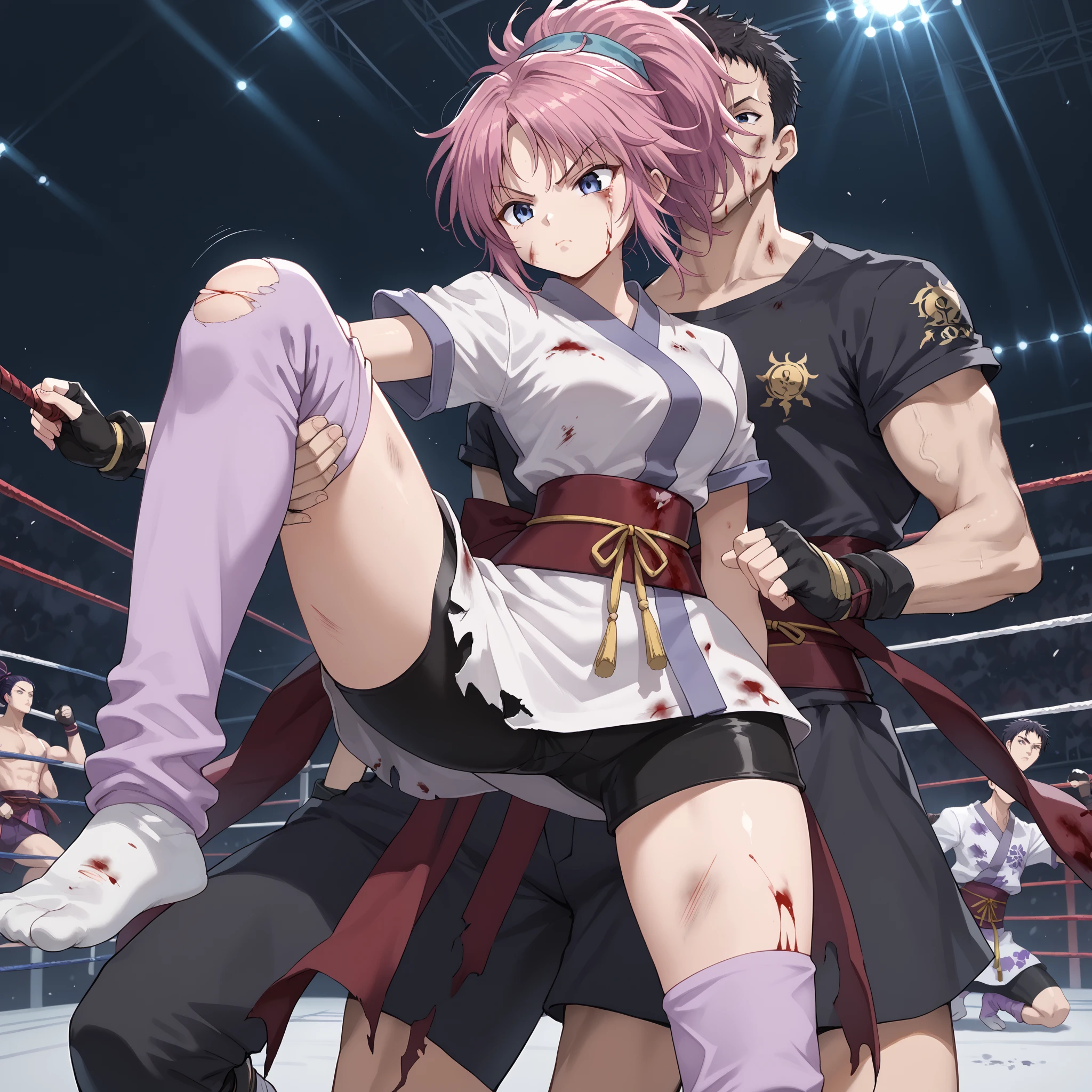 score_9,score_8_up,score_7_up,score_6_up,source_anime,dutch angle,1girl,medium breasts,machi01, blue eyes, ponytail, pink hair, purple hair,portrait, ponytail, japanese clothes, sash, gloves, fingerless gloves, short sleeves, bike shorts,ninja,sash,obi, pink purple socks,tabi,
1girl 1boy,angry face, looking down,Girls kick boys ,High kick,girl kicks boy in the face,
1girl 1boy,,score_9, score_8_up, score_7_up, score_6_up, score_5_up, score_4_up,,Disconnect, Bruises, damage,The boy recoils,
(Disconnect, Bruises, damage,Covered in blood),
The boy's face is covered in blood,School Freestyle Wrestling Ring , sound effect