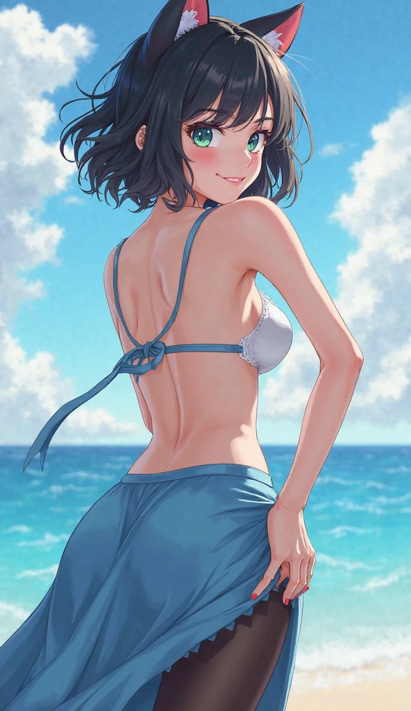 Masterpiece artwork, top-quality, high resolution, standing alone, lewd body, outdoor beach, tight micro bikini, misaligned bra, t-back side binding, facing at viewer, gazing at viewer, from low, scruffy panties, sexual expression, fangs　Tachibana Hinano