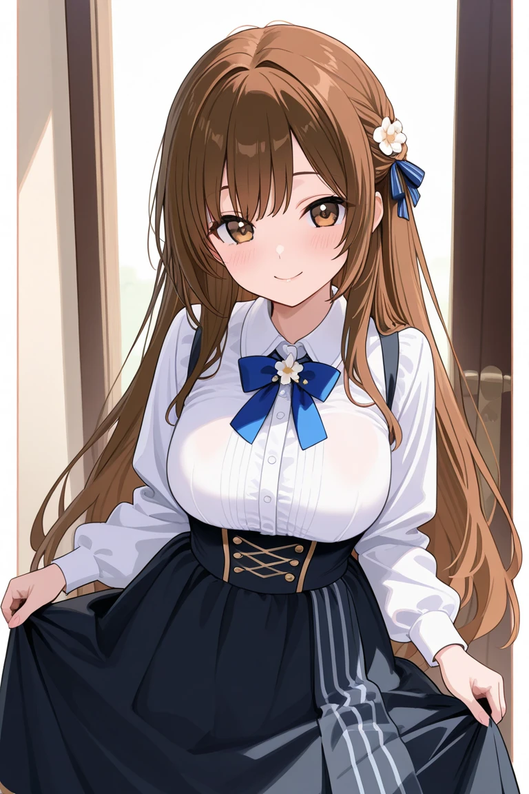 1 beautiful girl of 20 years old, anime girl, very cute and beautiful girl, altar, church, inside, brown hair, bangs, hair over shoulder, long hair, messy hair, wavy hair, hair one side up, hair ornament, hairclip, heart hair ornament, aqua eyes, wide eyes, heart earrings, blush, bright pupils, jewelry, glossy lips, necklace, blush, cowboy shot, looking at the viewer, down on my knees, (elegant blue plaid lolita dress with detailed ruffles), detailed lace, skirt lift, (white panties), big and round breasts, thin waist, shapely thighs, open legs, (Best Quality, Masterpiece:1.0), absurdities, high resolution, ultra detailed, extremely detailed, 32k, 8K resolution, intricate details, movie scene, detailed background, Alone, dynamic angle