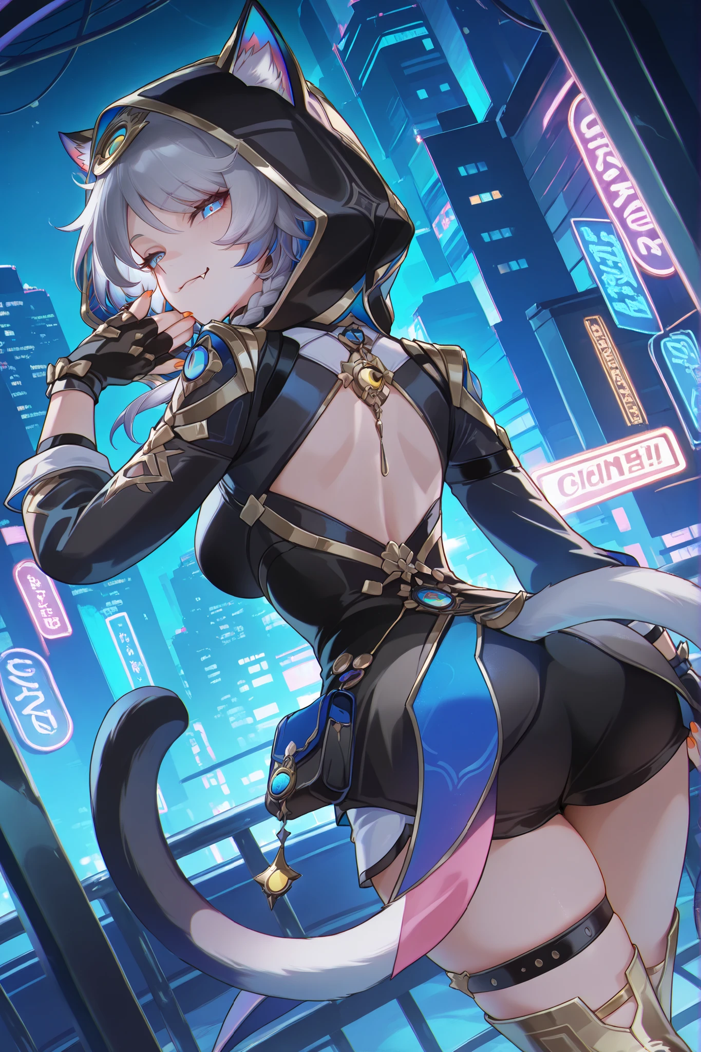 Cipher \(honkai_star_rail\), masterpiece, solo, 1girl, NSFW , chromatic aberration, extremely detailed face, detailed eyes, Greatest Masterpiece, TOP QUALITY, 8k,fingerless gloves , hood , looking at viewer , single thigh strap , medium breasts , hood up , cat girl , braid , thigh boots , long sleeves , fingerless gloves , black gloves , gold boots , orange nails , cat ears , fang , smirk , naughty_face , running , from_back , from behind , looking_back , night , dark , game cg , roof , neon lights , patio , skyscraper , dutch angle , cinematic_angle , dynamic_angle , cowboy_shot , leaning forward