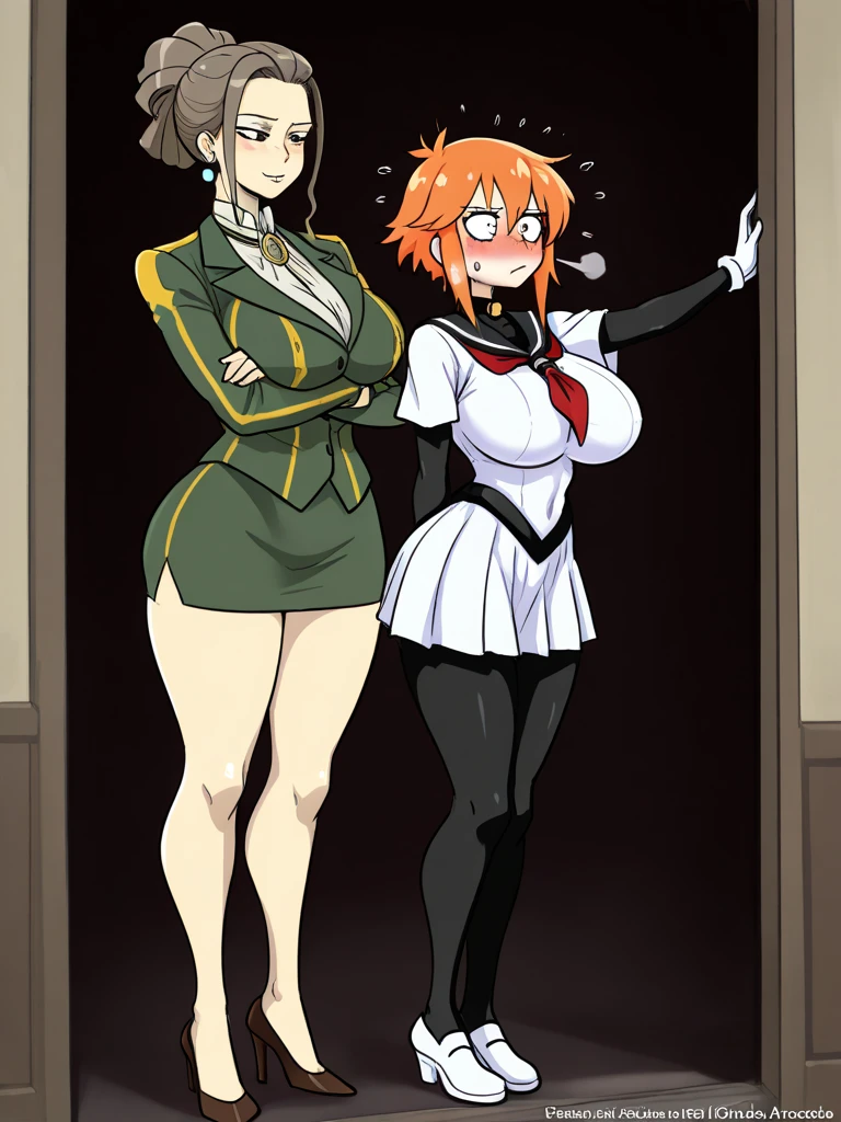 sexy, NFSW, white skin, anime woman, happy, glowing green eyes, extremely short glowing orange hair, wearing a suit