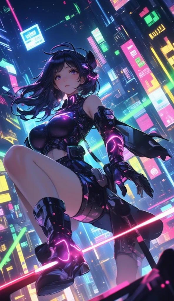 natta、Colorful cyberpunk city background、Gothic Lolita Fashion、colorful lighting、garterbelts、smile coquettishly、a miniskirt、Purple Eye、Purple short hair、radiant eyes、Black stockings、Back lighting、brilliance、looking at the spectator、Low Angle Lens、perfect-composition、Perfect light and shadow delicacy、8K、