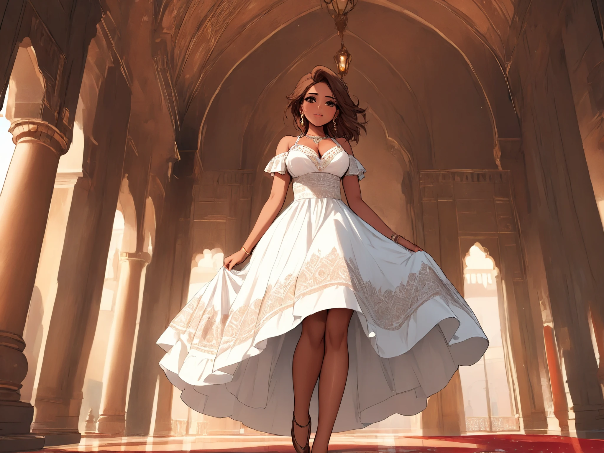 ((((masterpiece)))), high quality, very_high_resolution, large_filesize, full color,((( Indian、brown skin)))、female、girl、Big Breasts、 Big Castle 、white dress、interior、beauty in return