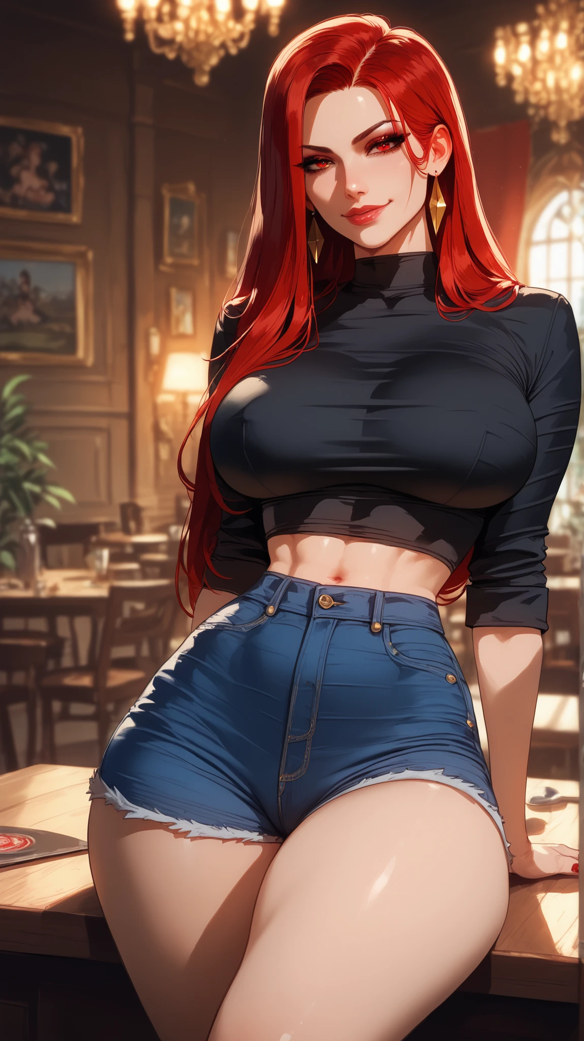 (masterpiece, best quality), best resolution, (2heads:1.5), 1girl, red hair, brown eyes, glasses, winking, blue shirt, brown pants, grinning, arms stretched up, hands behind heads