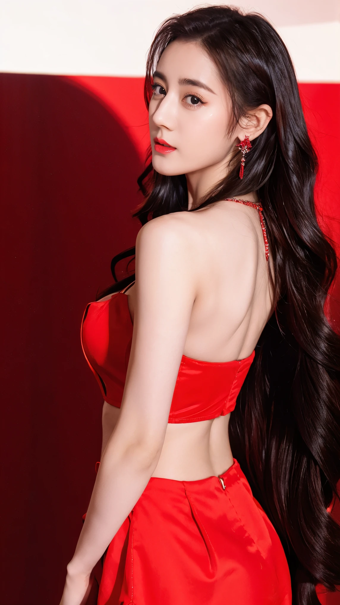 Ultra HD resolution,artistic photos,Photography,21year girl,earrings,long hair,Red background,Black backless dress,necklace,cowboy shot,H cup,Showing cleavage,Expose more breasts,Amazing breast size,Bigger breasts,Smooth and beautiful back,Completely bare back,Cold white skin,Buttocks are big