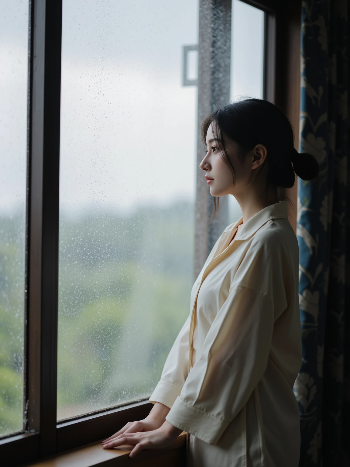A female student looking out the window in a school classroom with an animation-like sea
