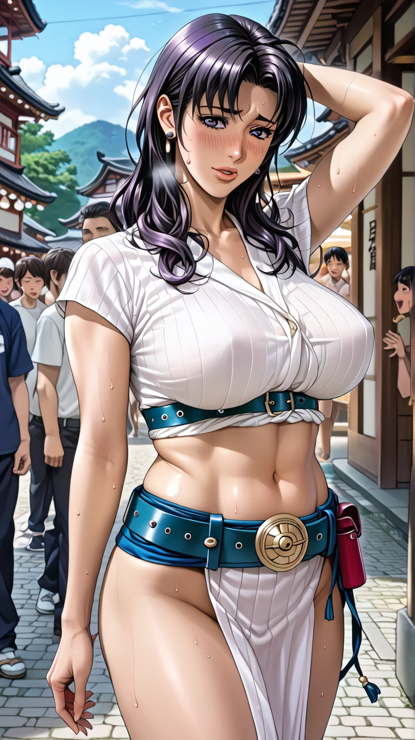 Score_9, score_8_up, score_7_up, score_6_up, score_5_up, score_4_up, source_realistic, solo, 1girl, makeup, whore, prostitute, Mature female, sagging huge breasts, wide hips, thick thighs, BREAK Tomoe goen, French twist updo hair, beautiful kimono, bare shoulder, huge areolae, areola slip, black areolae, earrings, walking, sideview, brown eyes, long eyelashes, looking at viewer, pov, in ryokan inn, Japanese style inn, crowded, covered nipples, bracelet, seductive smile, collarbone, head tilt, hairy stomach hair, showing hairy armpit hair, sweating, hands behind the head, dark hair, bukkake on armpit, realistic, Japanese