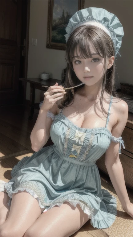 Teenage Girls V School,Cute act of 8 year old princess, (Huge ,Cleavage),petticoat, white pink, green ,highest quality,masterpiece,Ultra-high resolution,(Realsense:1.4),RAW Photos,(Real skin texture:1.3),(Film Grain:1.3),(selfie angle),1 Giant breasts,Beautiful eyes and facial details,masterpiece,The best quality at its best,Exposing thighs and bibs ,Increased chest exposure, Detailed Hair,Looking down at the camera from above,Short dressPrincess Eyes,Super big eyes,Detailed face,Sparkling Eyes, random color, , , Wet body in thin silk fabric, Thin silk lace, petticoat, Short dress、((green白ストライプマイクロビキニ:1.5))