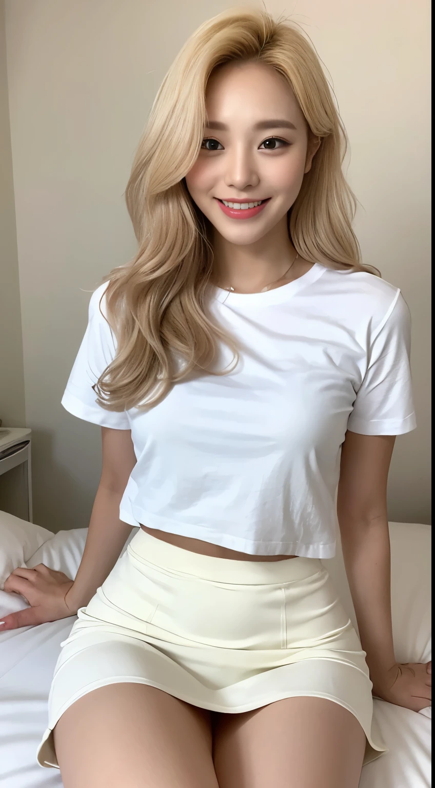 White tight skinny shirt、White tight skinny mini skirt、bed、smile、Short sleeve、high resolution、Korean idol face、double eyelid、White teeth、Medium Hair