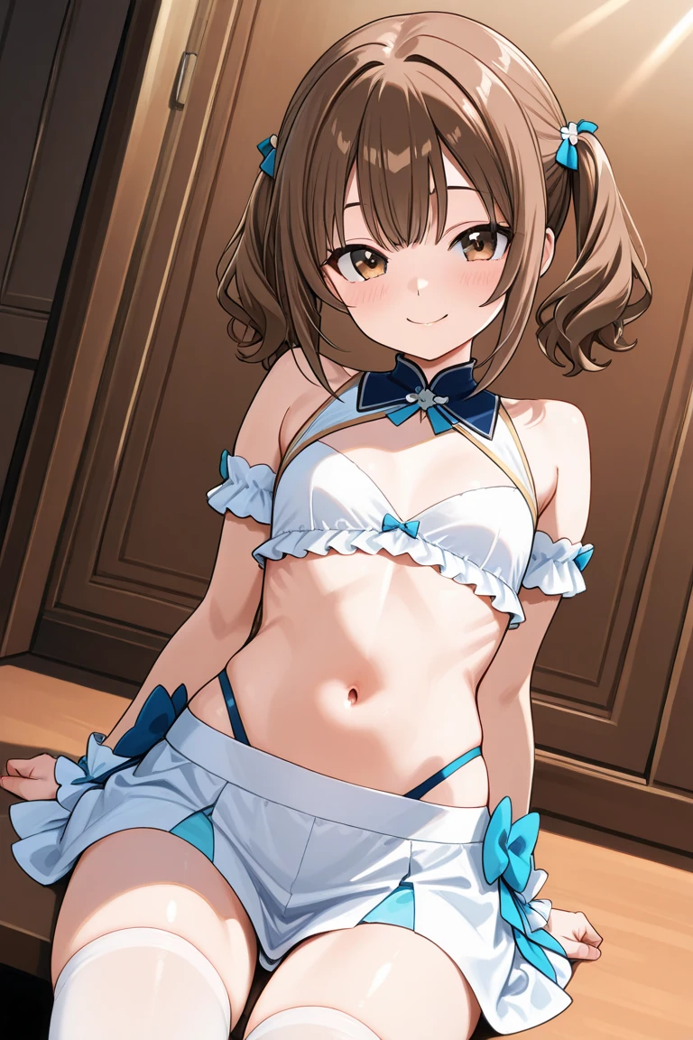 Cut it out \(umamusume\), ((Highly detailed eyes)), masterpiece, Highest quality, (abnormal body, Small breasts, Horse tail,smile, (indoor, office, living room), whole body, frontage, Long ponytail, (White panties), (White bra), (In underwear), (Flashy underwear), (lingerie),