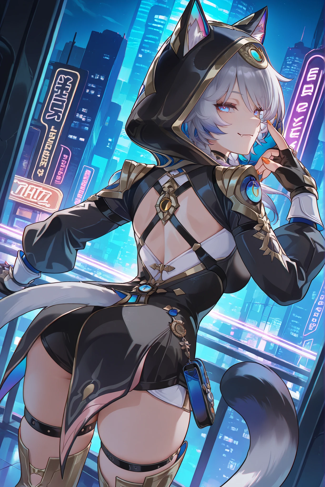 Cipher \(honkai_star_rail\), masterpiece, solo, 1girl, NSFW , chromatic aberration, extremely detailed face, detailed eyes, Greatest Masterpiece, TOP QUALITY, 8k,fingerless gloves , hood , looking at viewer , single thigh strap , medium breasts , hood up , cat girl , braid , thigh boots , long sleeves , fingerless gloves , black gloves , gold boots , orange nails , cat ears , fang , smirk , naughty_face , running , from_back , from behind , looking_back , night , dark , game cg , roof , neon lights , patio , skyscraper , dutch angle , cinematic_angle , dynamic_angle , cowboy_shot , leaning forward