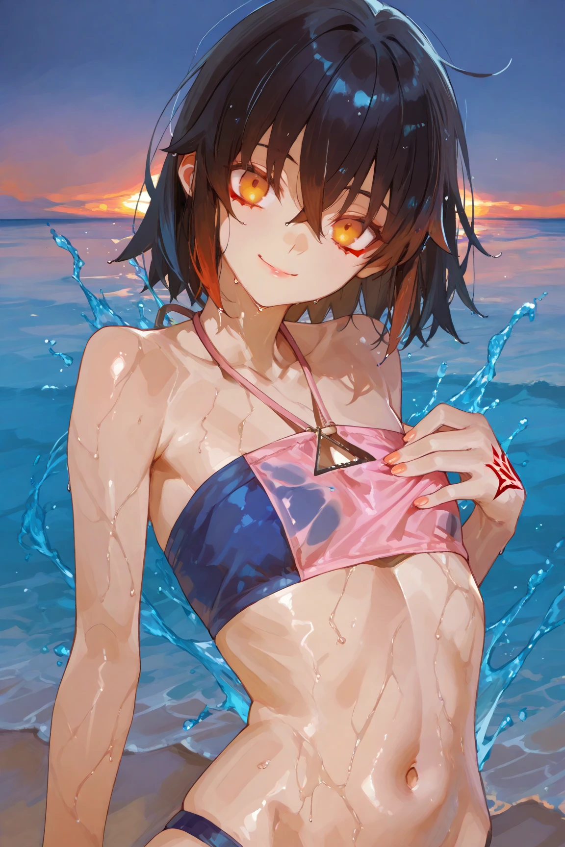 Swim gracefully Beautiful woman in bikini with black hair Red eyes
