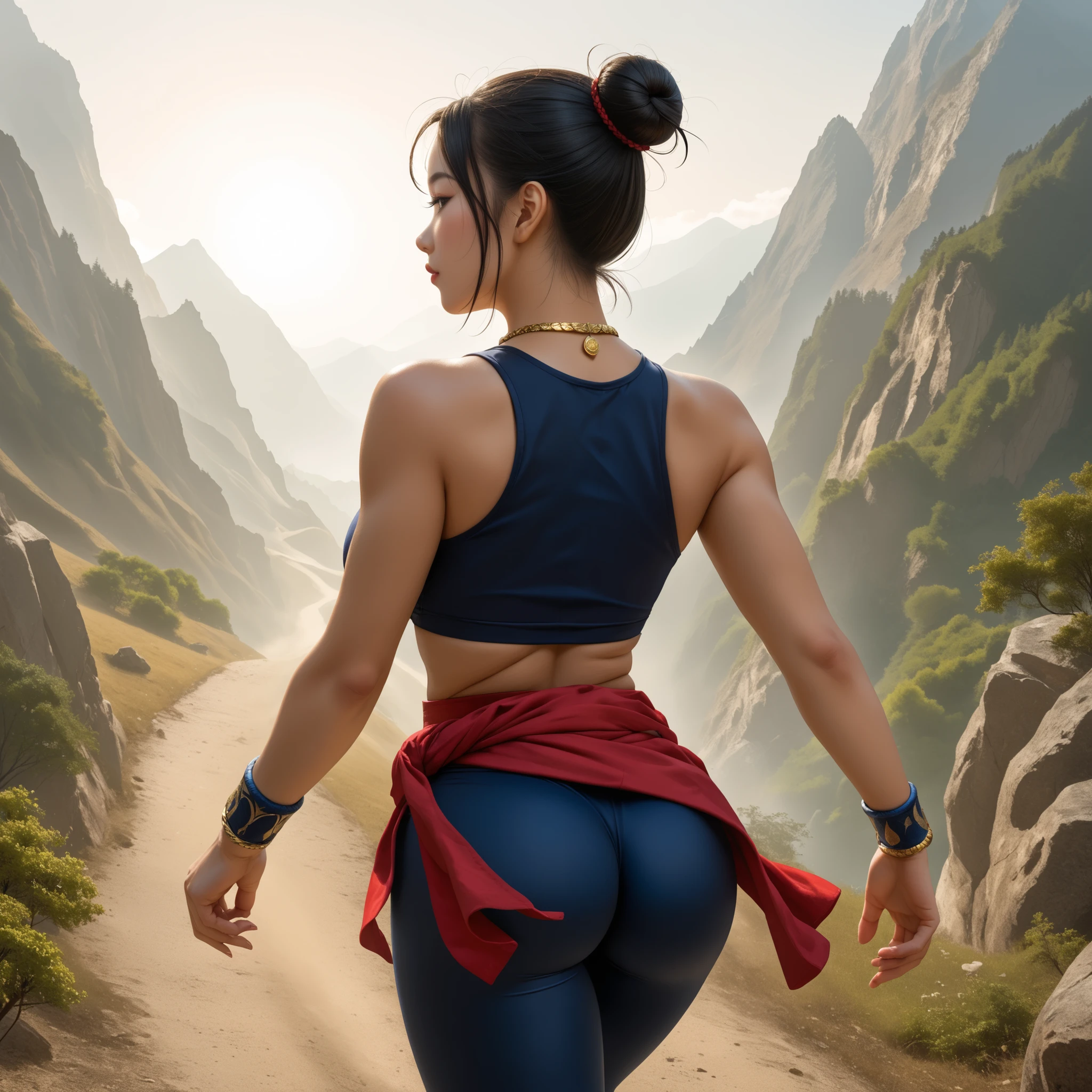 score_9, asian martial artist, beautiful asian woman, tan skin, black eyes, black hair in a high bun, left and right side highlights, dark blue sleeveless crop top, cleavage on the breasts, underboob showing, dark blue leggings, red sash with gold details tied on one side at the waist, dark blue bracelets on the right arm, blue circular necklace with gold pendant, narrow and steep path on a mountain, trees on the sides, heading to paradise, very bright place, white environment, blinding light, blinding light on the whole mountain, heaven, rear view, ass, dynamic angle, absurd, high quality, detailed