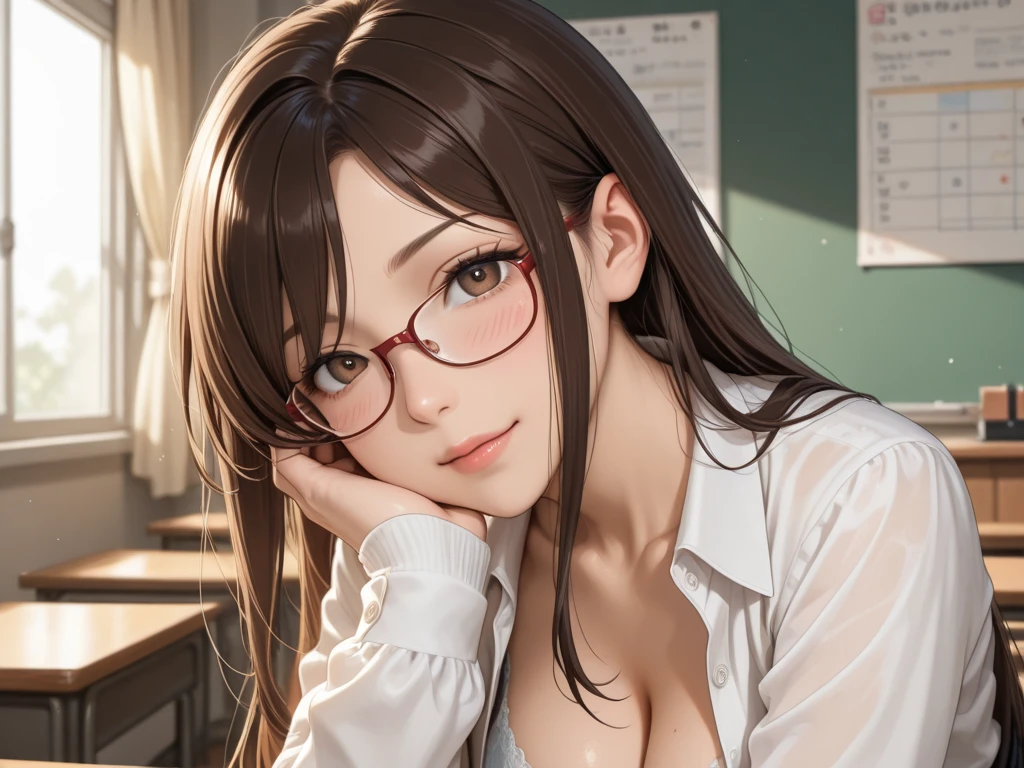 (top-quality、8K、32K、masterpiece、nffsw:1.2)、(Raw photography)、(realisitic)、(Photorealsitic:1.2)、(hight resolution)、ultra-detailliert、extremely beautiful face and eyes、1girl in、round small face、big breasts thin waist、Delicate body、(a closeup、top-quality、high detailing、rich skin detail、nffsw)、(Best Quality、8K、Oil Painting、masutepiece:1.2)、Ultra-detailed、(Realistic、Photorealistic:1.37)、Vibrant colors、(((I'm wearing a lab coat)))、(((Wearing a white coat like a doctor)))、(((I'm wearing a light blue inner garment)))、(((cleavage of the breast)))、(((light brown hair)))、(((Very long hair)))、(((Wearing red-rimmed glasses)))、(((bustshot)))、(((White wall background)))、(((Bangs are fastened with hairpins)))、(((wearing lab coat)))、(((Thrilling look)))、(((Light Blue Inner)))、(((I'm sweating)))、(((The face is flushed)))、(((Frightened look)))、(((The face is tense)))、(((I'm hugging myself with my hands)))