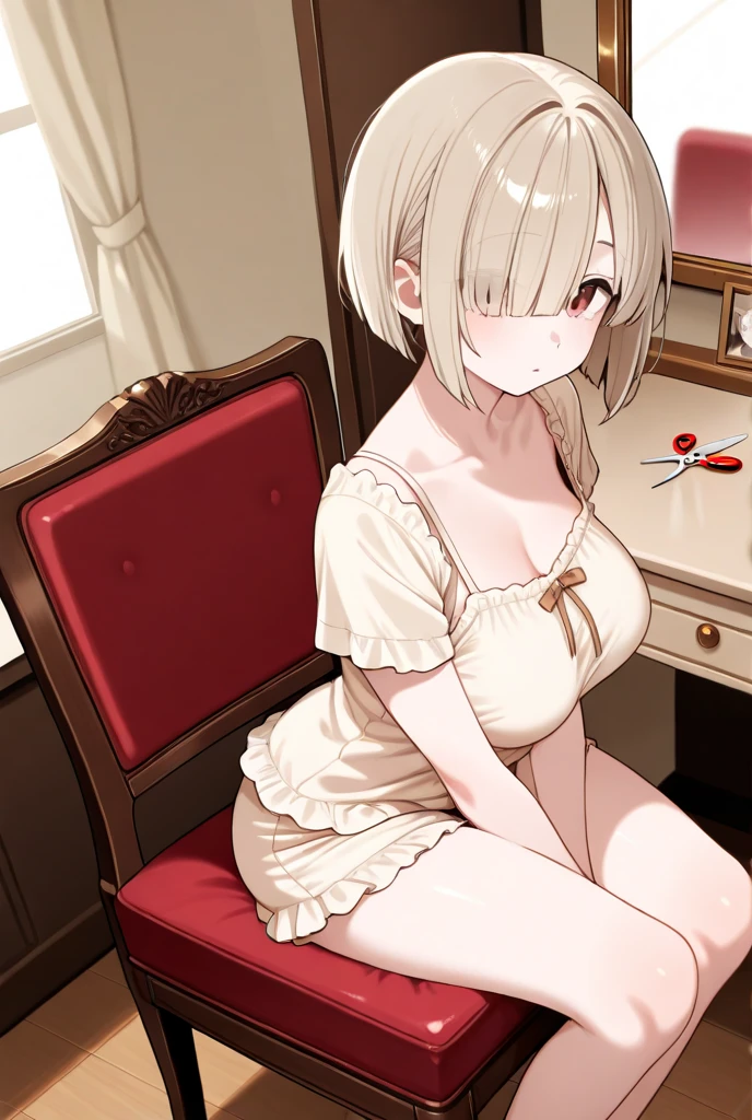 cowgirl position、、cowgirl position、Upper body 、nude、 your with your hands、Blushing、Embarrassed expression、、Not wearing a bra、Light cream colored hair、short hair、Red eyes、、Blushing、lipstick、Perfect hands、Detailed hands、Train seats、hand bra