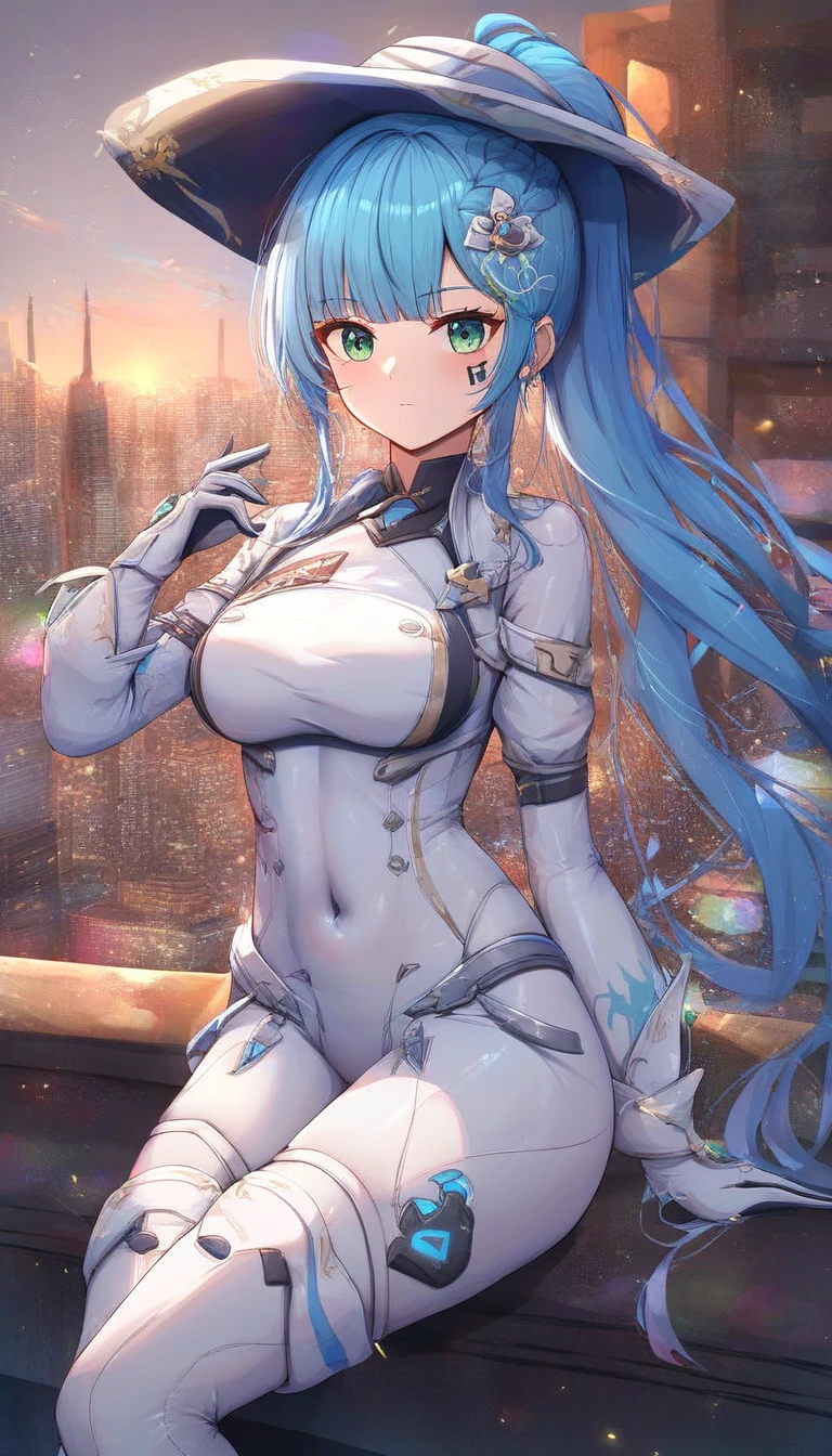 4k,High resolution,one woman,blue hair,long hair,big breasts,Princess,White light blue tight cyber suit,Princessのドレス,jewelry embellishments,Princessのティアラ,city of the future