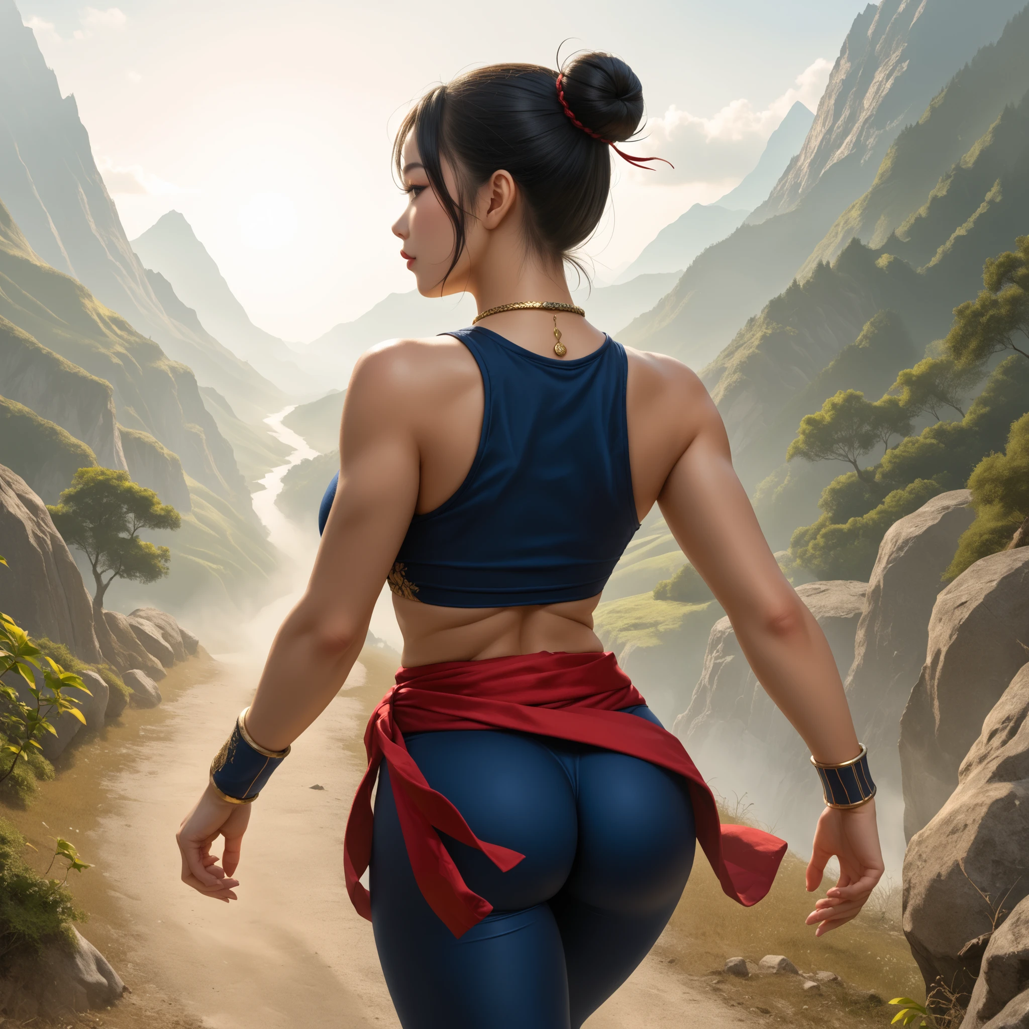 score_9, asian martial artist, beautiful asian woman, tan skin, black eyes, black hair in a high bun, left and right side highlights, dark blue sleeveless crop top, cleavage on the breasts, underboob showing, dark blue leggings, red sash with gold details tied on one side at the waist, dark blue bracelets on the right arm, blue circular necklace with gold pendant, narrow and steep path on a mountain, trees on the sides, heading to paradise, very bright place, white environment, blinding light, blinding light on the whole mountain, heaven, rear view, ass, dynamic angle, absurd, high quality, detailed