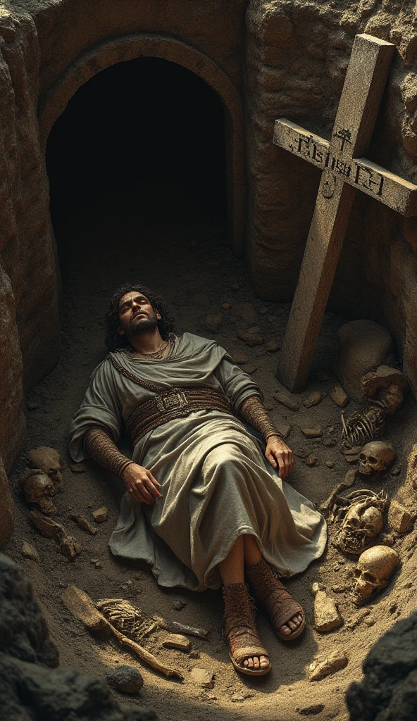 Young man sleeping on the floor of a room with stone walls