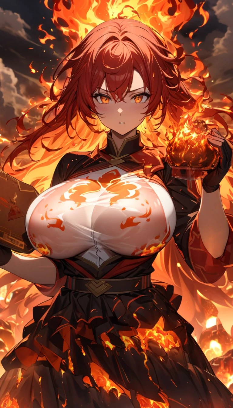 It's a ghost,female anime character,Long fiery red hair and blonde eyes, Character Album Cover, full art, fantasy character, full art illustration, full portrait of elementalist, character profile art, official character art, official character illustration, merlin, high detailed official artwork,A demon in armor,((red flames,Burning flames,A cloak of flame shaped like wings:1.3)),Hot hell,Fire Demon Ifrit,Wrapped in a powerful set of armor. The metal plate is decorated with an intricate design,Reminiscent of a flickering flame licked on the surface,An illusory fluorescent red body,(Facial focus) ,Very detailed CG unity 8K wallpaper,hugefilesize,ultra - detailed,A high resolution,absurderes,beautidful eyes,Ray traching,dramatic shadow,finely detailled,Dramatic angles,Hyper-detailing,(8k, best quality, tmasterpiece:1.2),\(eye detailed\),\(Facial features\),(\(Clothes detail details\)\),((huge tit,Colossal tits,Heavy chest)),full bodyesbian,Flaming red hair,((upperboob outcut,Belt,Cloth lining made of silk,shiny costume:1.3))