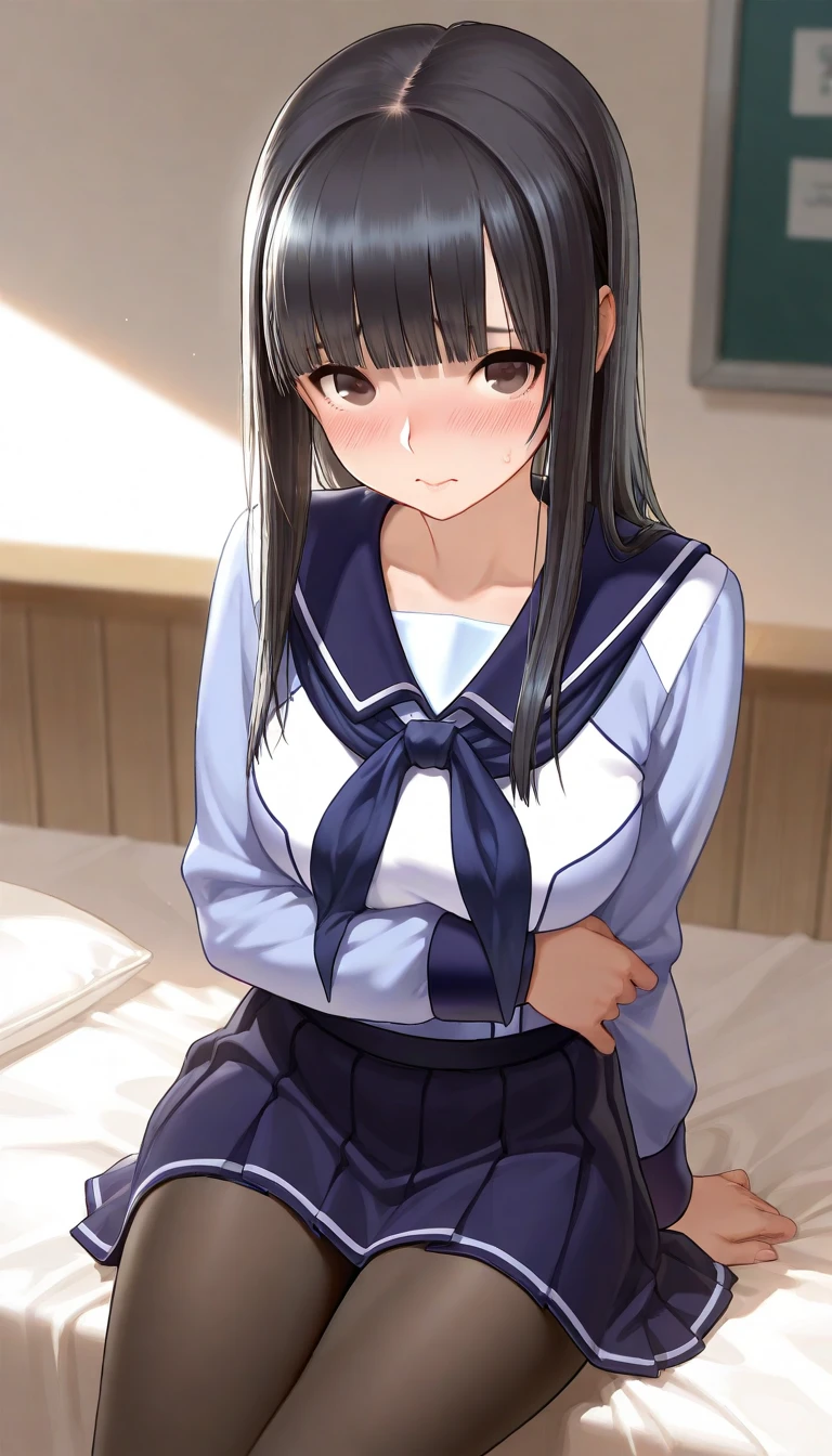 ((masterpiece:1.4, best qualit:1.4, high resolution:1.4, bright colors, vibrant colors:1.2)), solo, 1girl, <lora:Megumi-10:0.5>, Megumi, smile, bangs, (blush:1.2), (pleated blue skirt:1.1), hair over shoulder, <lora:more_details:0.5>, frontal view:1.2, (bed behind, sitting on bed:1.2, from above:1.2), looking at viewer, shy, thighs, shirt, ribbon, school uniform, white shirt, twin braids, short sleeves, yellow sweater, Sleeveless Sweater, String Ribbon Tie, red face, arms at sides, feet, toes, legs, knees up, barefoot, full body