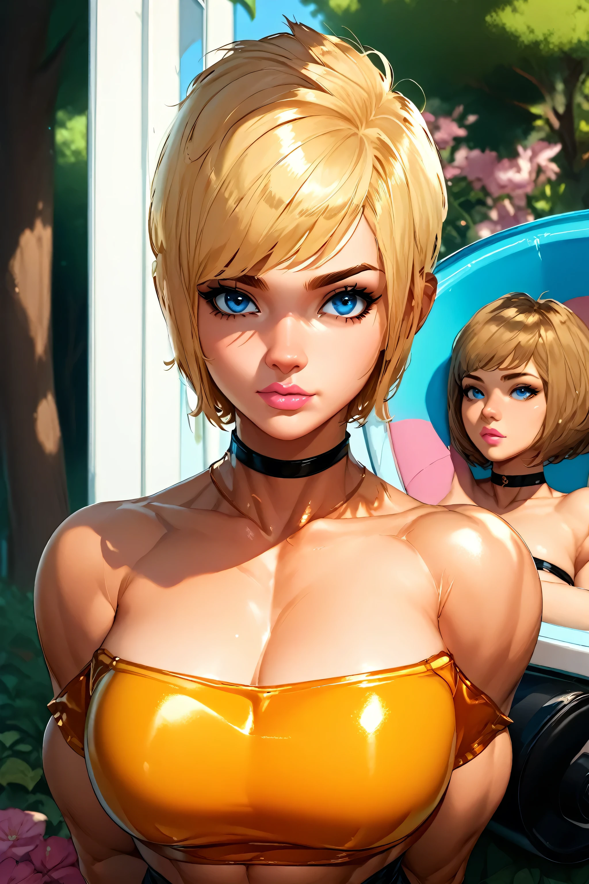 (Short Hair) ((Blonde Hair)) (Perfect Face) (Beautiful) (Female Muscles) ((Women)) (Perfect Body) (Black Mini Tube Top, Mini Tube Top) (Black Choker) (Brown Thin Eyebrows, Blue Eyes) (Nose, Lips, Pink Lips) (Park Happy, Trees, Flowers) (Arms Behind Back)