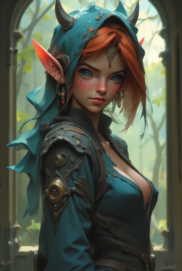 A (((full-body))), ((ultra-detailed)), ((masterpiece)) fantasy art illustration of a ((World of Warcraft)) character, in the style of the video game. She is a beautiful, young, female ((human)) with short red hair and blue eyes. She has exquisite caucasian features and ((very pale)) ((milky-white skin)). She has a ((very slim body)), with a tiny waist and skinny limbs, but her ((breasts are huge and round)), and look far too big for her slender little body. She is wearing only a skimpy blue top that reveals significant cleavage, and a very short skirt that leaves her ((very thin thighs)) completely bare. She is standing in a provocative pose that shows off her ((skinny legs)) and bare feet. Her (((whole body from head to toe))) is shown.