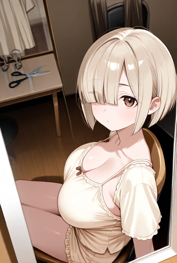 (Nishikigi Tisato:1:2) (anatomical:1.2),(Beauty of form:1.4) Golden ratio,((masterpiece)), ((Best Quality)), (Ultra-detailed), Anime style, Cute , 1girl in, Solo, 8k, sitting on the bed , no pant,no bra , young girl , flat chest, bare shoulders, black hair, Kyoto animation quality,Kyoto animation detail, Full Nude:1.8, (middle chest:1.4)