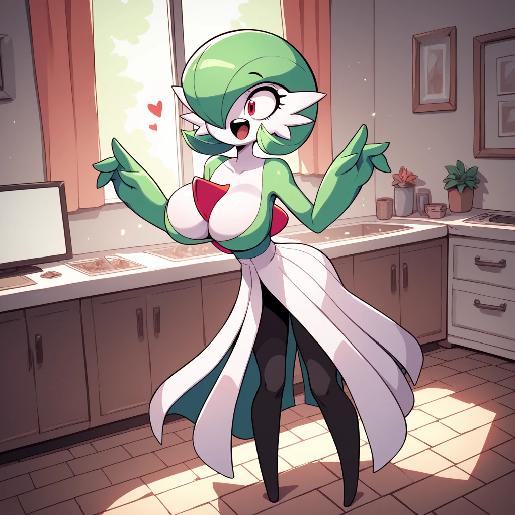 score_9, score_8_up, 1girl, gardevoir, happy, full body, indoors, human proportions, looking at viewer, by diives, huge breast huge_Implantate breasts filled with air huge overfilled breast_implant, plastic surgeon, huge breast augmentation