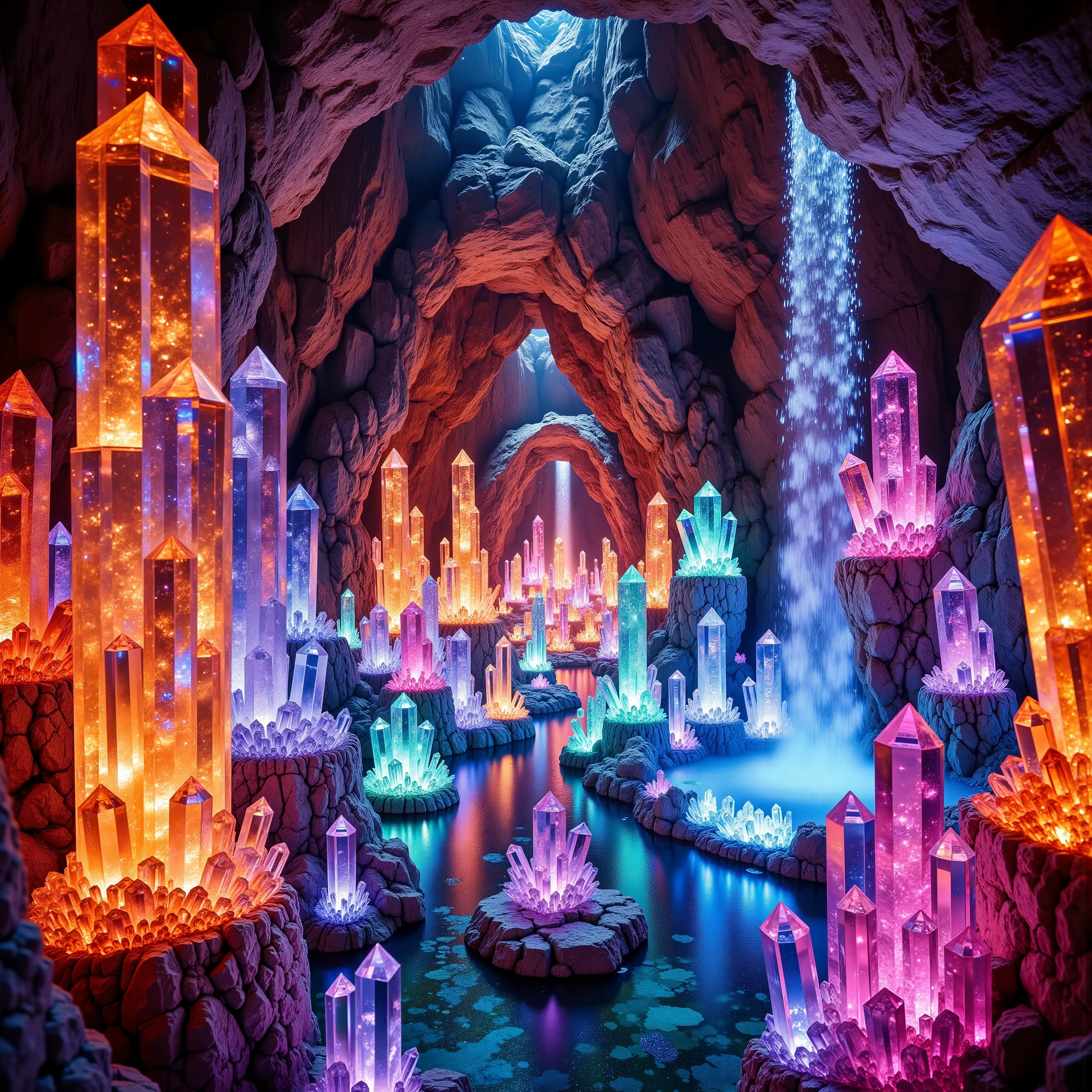 a close up of a waterfall within a waterfall and a waterfall surrounded by giant clear, colorful, quartz crystals, hot colored water geyser, magic translucent crystal stalagmites, intricate and very detailed crystal environment, colorful crystals, colourful see through 3D crystals and translucent minerals, crystal forest, colorful and translucent quartz crystal landscape, extraordinary colorful crystalscape, fantasy crystal forest with crystals instead of trees, crystal color, magical colors and atmosphere.
a close up of a waterfall with a waterfall and a waterfall surrounded by colorful crystals, magic crystal pillars colorfully, intricate rainbow environment, colorful crystals, colourful 3d crystals and gems, crystal forest, colorful ravine, extraordinary colorful landscape, fantasy crystal land, crystal clear color, magical colors and atmosphere (best quality, 4k, 8k, highres, masterpiece:1.2), photorealistic, photo-realistic:1.37), highly detailed, Ultra-realistic, photo-realistic, ultra-detailed, insane 3D realism, cinematic photography, cinematic lighting, cinematic portrait, portrait photography, cinematography, full focus, startling, stunning images, highest quality, masterpiece.