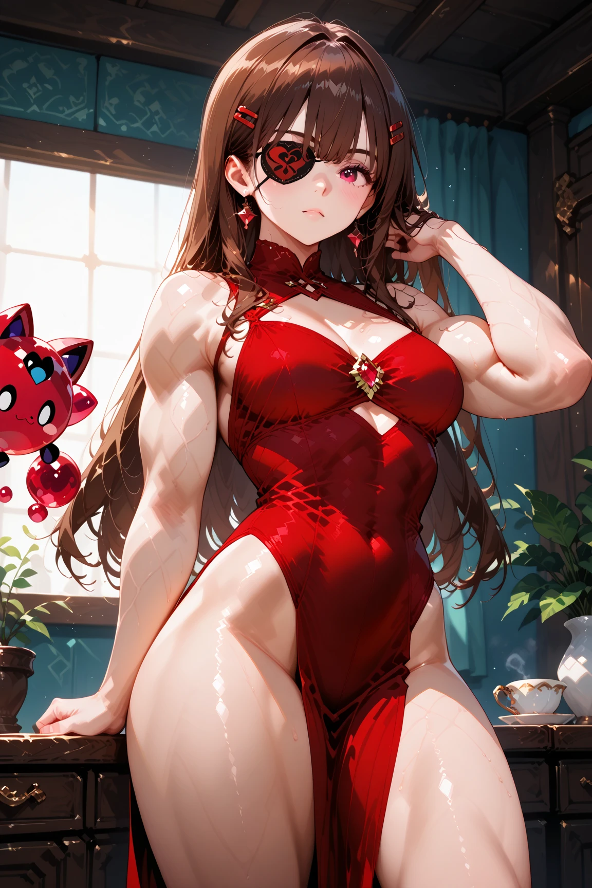 Highest quality, masterpiece, One girl, alone, chest, Detailed face, Micro Dress, (Golden), Bodycon, blush, eyelash, chestの谷間, belly button, Face Focus, Wicked Smile, Grin, corruption, (O-ring), (Shiny Gossy Skin:1.2), choker, jewelry, Earrings, necklace, Knee socks, Arms at your sides, Elbow Groove, In the office in the background, night,