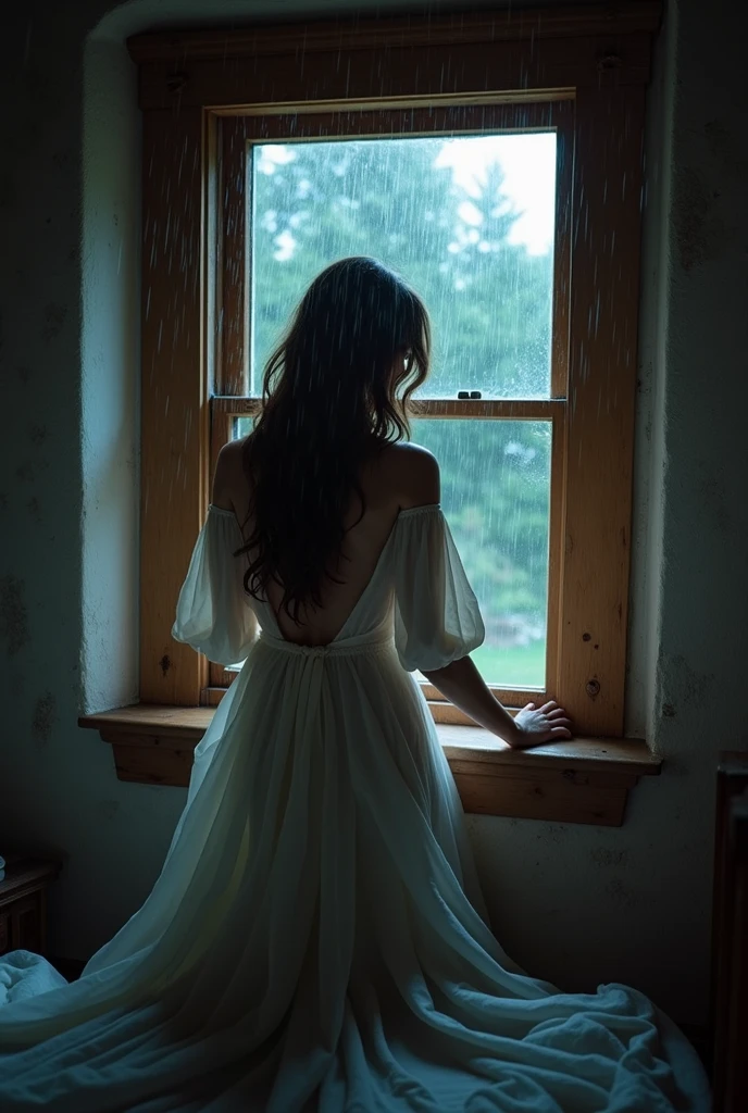 (beauties)、(( changing clothes))、Old Western-style building、bedroom、rain、storm、wood-framed windows、handprints of water drops on the window、Lightning Light, Beautiful Woman、 changing clothes中、古雅な洋館のbedroom、激しいstorm、wooden window frame 、Hand Drawn with Water Drops on Windows、The brilliance of lightning、High Quality、Skillful Expression of Light and Shadow、Realistic Reality、precise texture、4K High Resolution、Modern Photography、dark tones、Dark Fantasy、dramatic lighting、rainとstormの雰囲気、Warm Woodgrain、Lightning Flash