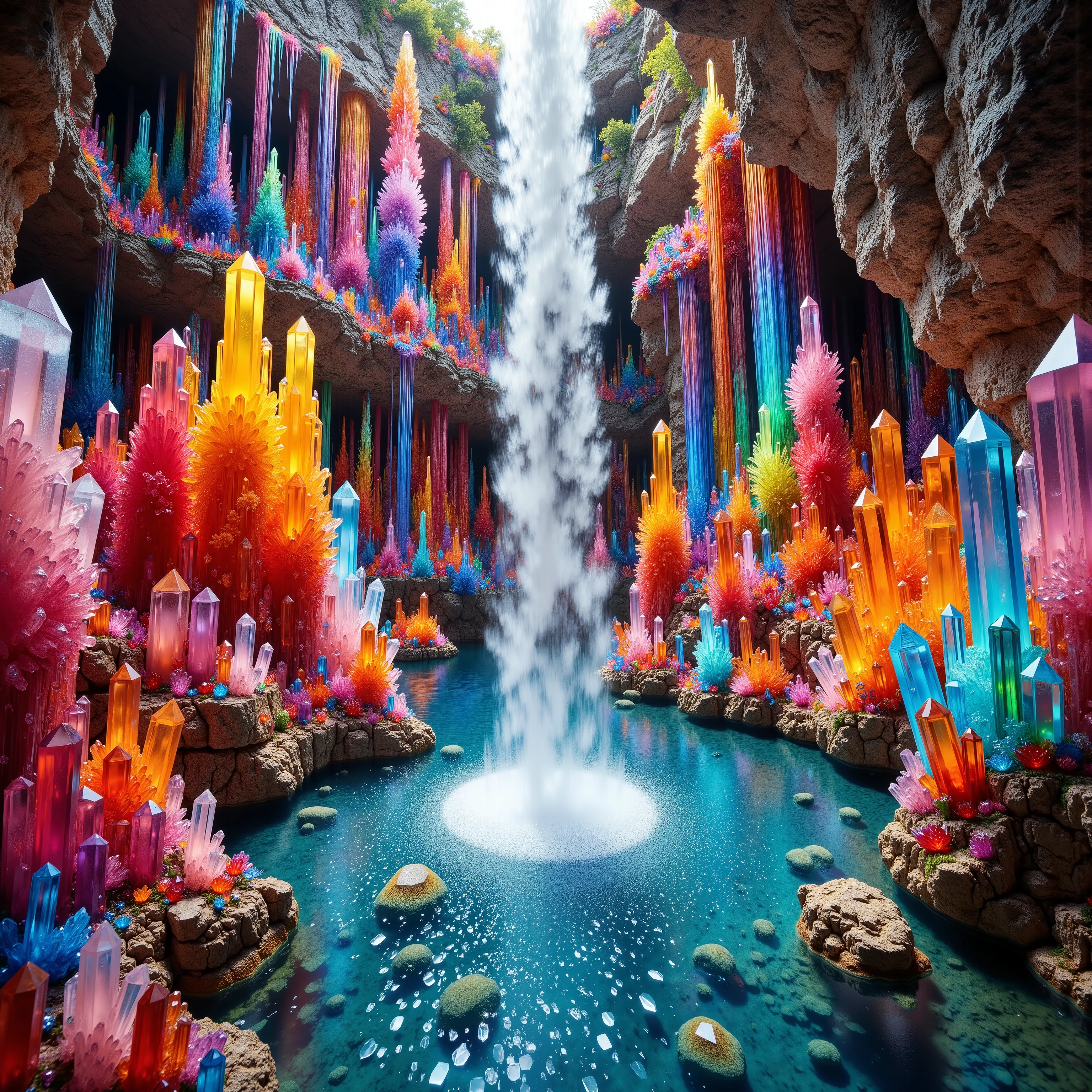a close up of a waterfall within a waterfall and a waterfall surrounded by giant clear, colorful, quartz crystals, hot colored water geyser, magic translucent crystal stalagmites, intricate and very detailed crystal environment, colorful crystals, colourful see through 3D crystals and translucent minerals, crystal forest, colorful and translucent quartz crystal landscape, extraordinary colorful crystalscape, fantasy crystal forest with crystals instead of trees, crystal color, magical colors and atmosphere.
a close up of a waterfall with a waterfall and a waterfall surrounded by colorful crystals, magic crystal pillars colorfully, intricate rainbow environment, colorful crystals, colourful 3d crystals and gems, crystal forest, colorful ravine, extraordinary colorful landscape, fantasy crystal land, crystal clear color, magical colors and atmosphere (best quality, 4k, 8k, highres, masterpiece:1.2), photorealistic, photo-realistic:1.37), highly detailed, Ultra-realistic, photo-realistic, ultra-detailed, insane 3D realism, cinematic photography, cinematic lighting, cinematic portrait, portrait photography, cinematography, full focus, startling, stunning images, highest quality, masterpiece.