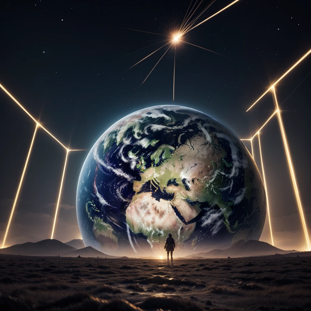 Generate the following image of the world ( planet Earth ) It is excessive noises and sounds, too many represented as sounds in the form of luminous lines around the world, and in the background behind the world the figure of a distant person with a neutral face
