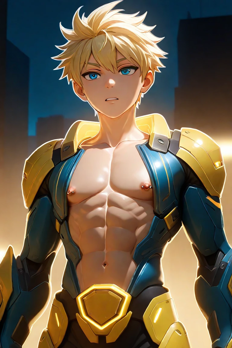 a young handsome man with white hair and yellow eyes with his scaled arms 