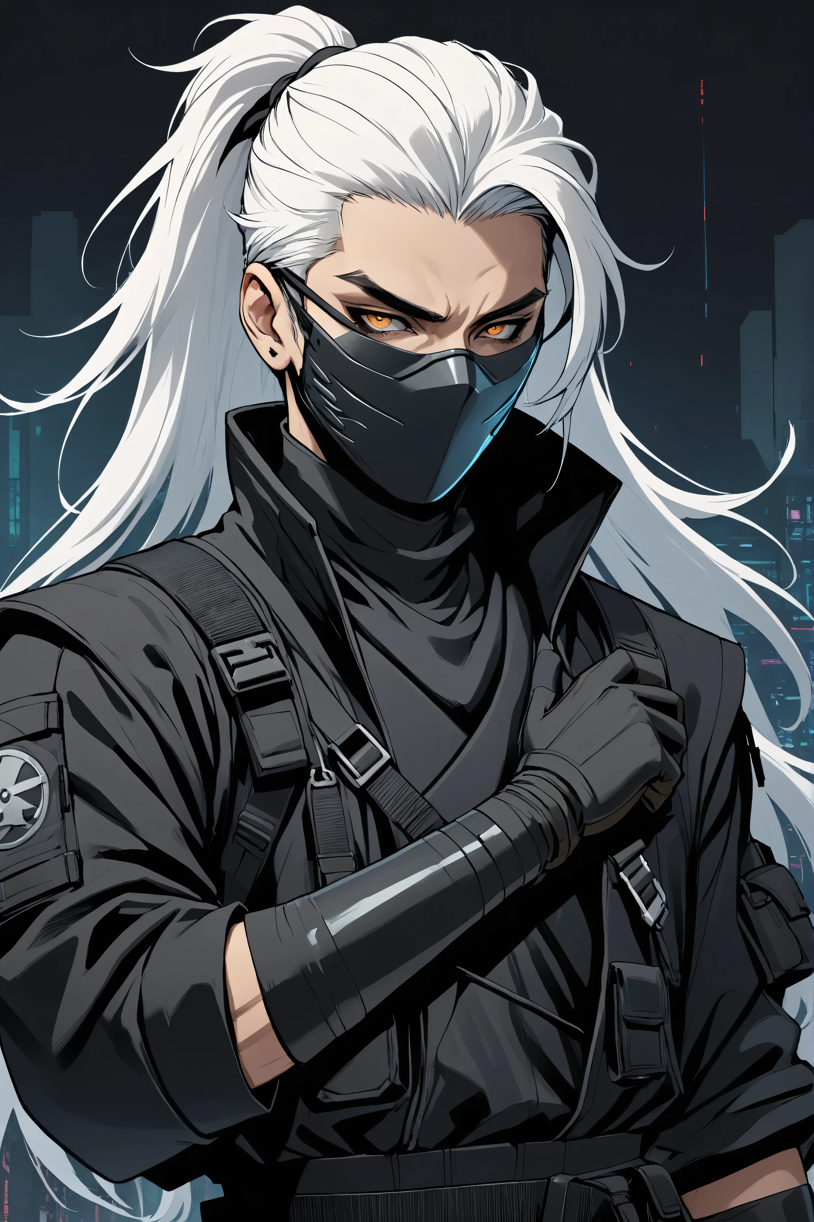 1 man, tall, closeup, ninja, witch robe, Black tactical jacket, gloved hands, masked face, Shades, white dyed hair, medium middle part down hair, dark cyberpunk backdrop, plain right arm band
