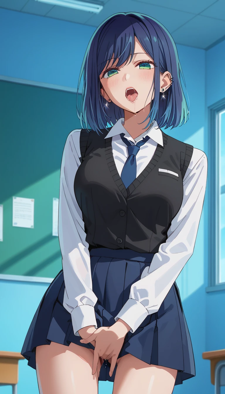 Beautiful lighting, One Girl, solo, Akane, White shirt, (((skirt))),Sweater vest, Black vest, Blue tie, ((Anime Style))、((2D))、blush,Laughter、Open your mouth、Look forward,((Cotton panties with crotch)),(((skirtめくり, I can see your pants))),squat,From below,squat,squat,(( Masturbating by touching the vagina with your fingers)), (( Masturbating by touching the vagina with your fingers)), (( Masturbating by touching the vagina with your fingers)),