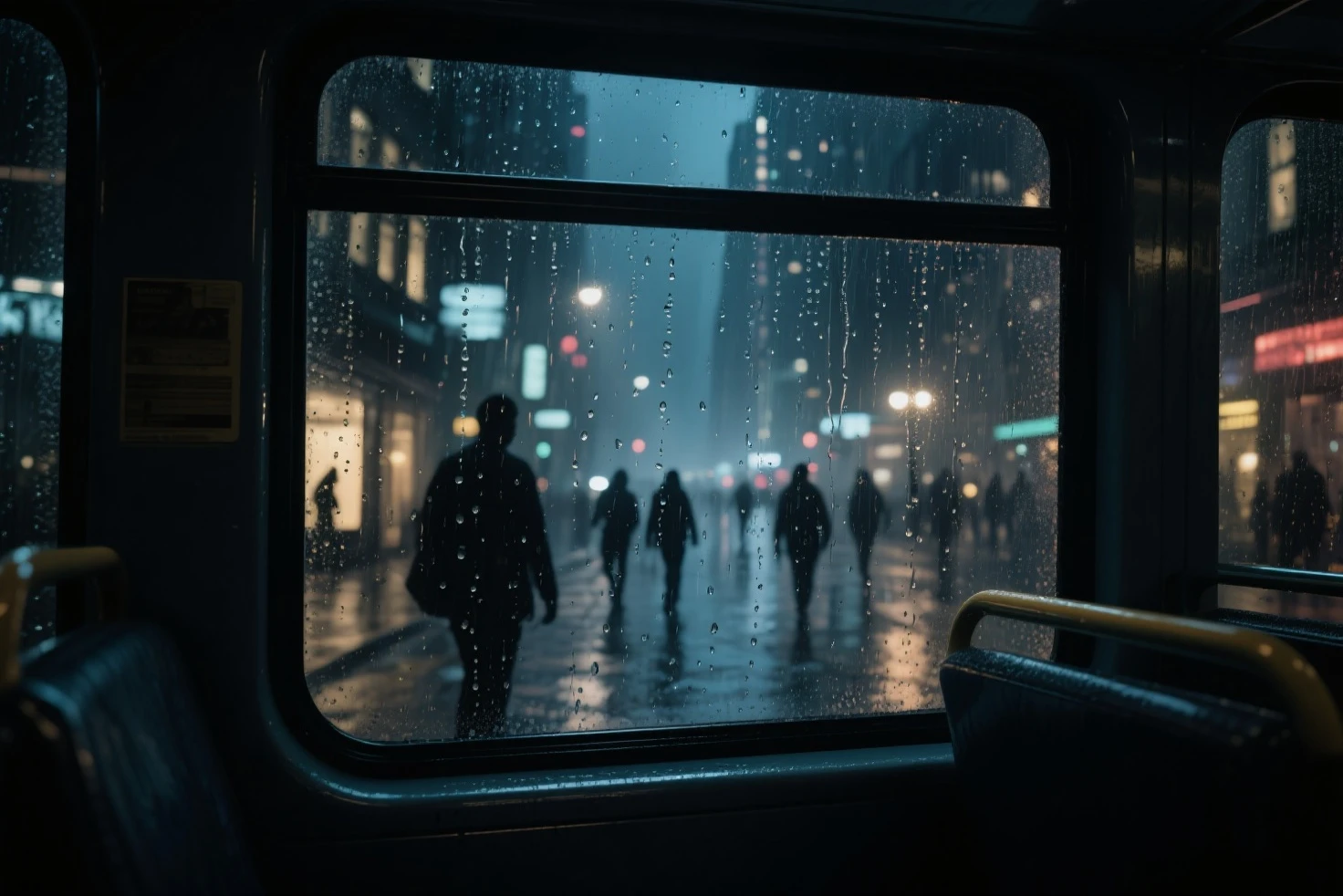 ((masterpiece, highest quality, Highest image quality, High resolution, photorealistic, Raw photo, Extremely detailed CG unified 8k wallpaper)), 
((rain-soaked window, city night view from the bus window, rain-soaked night view, water droplets running down the window glass, dark interior of the car, silhouettes of people walking in the city: 1.3)), 